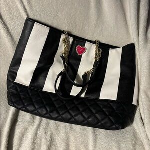 Betsey Johnson Black White Striped Tote Bag Handbag Gold Chain Handles Large